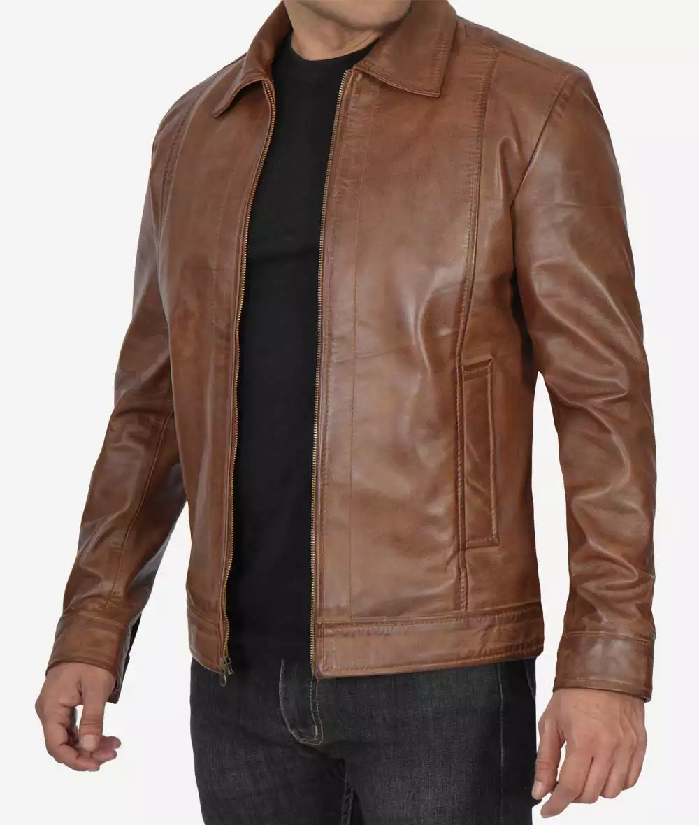 Reeves Men's Chocolate Brown Leather Jacket – Front View with Zip Closure
