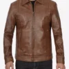 Reeves Men's Chocolate Brown Leather Jacket – Front View with Zip Closure