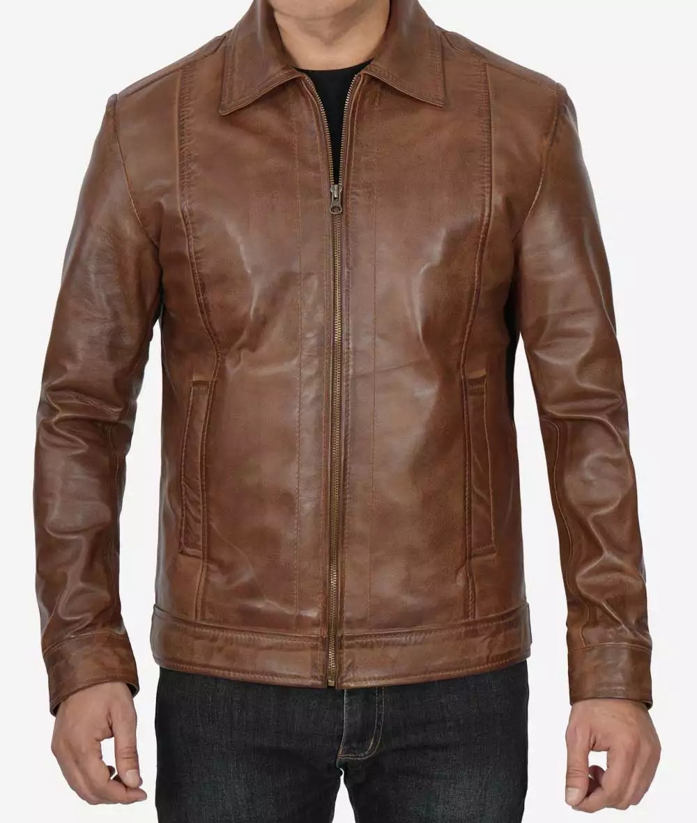 Reeves Men's Chocolate Brown Leather Jacket – Front View with Zip Closure