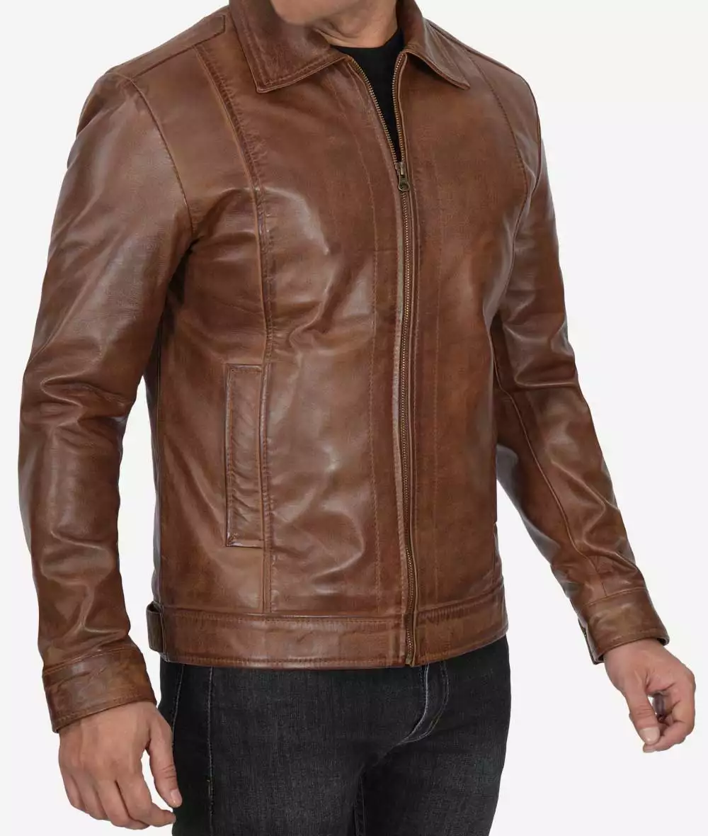 Reeves Men's Chocolate Brown Leather Jacket – Front View with Zip Closure
