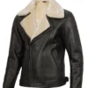 Real Lambskin Leather Jacket with Faux Shearling Collar