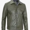Olive Green Trucker Leather Jacket – Front View with Button Closure