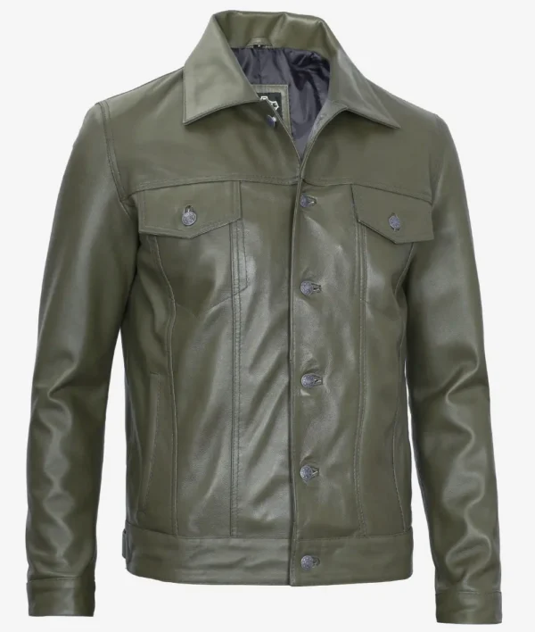 Olive Green Trucker Leather Jacket – Front View with Button Closure