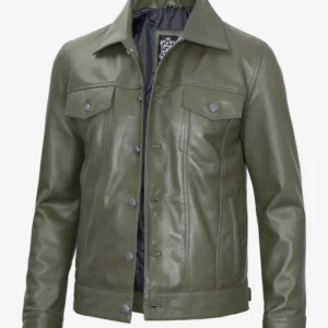 Olive Green Trucker Leather Jacket – Front View with Button Closure