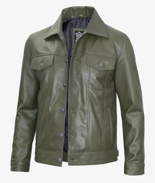 Olive Green Trucker Leather Jacket – Front View with Button Closure