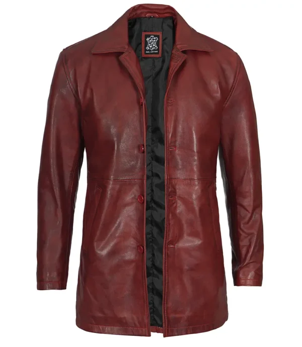 Maroon Leather Car Coat – Front View with Spread Collar