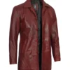 Maroon Leather Car Coat – Front View with Spread Collar