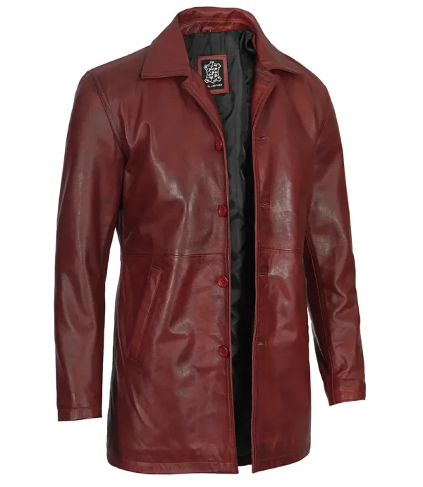 Maroon Leather Car Coat – Front View with Spread Collar