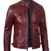 Maroon Leather Biker Jacket – Front View with Quilted Shoulders