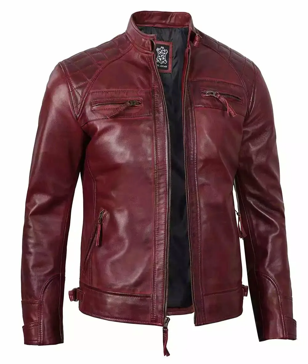 Maroon Leather Biker Jacket – Front View with Quilted Shoulders