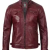 Maroon Leather Biker Jacket – Front View with Quilted Shoulders