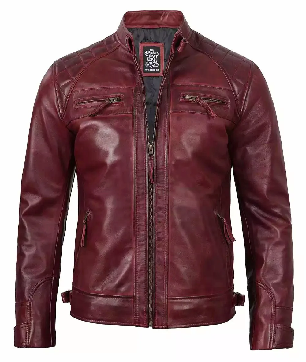 Maroon Leather Biker Jacket – Front View with Quilted Shoulders