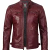 Maroon Leather Biker Jacket – Front View with Quilted Shoulders