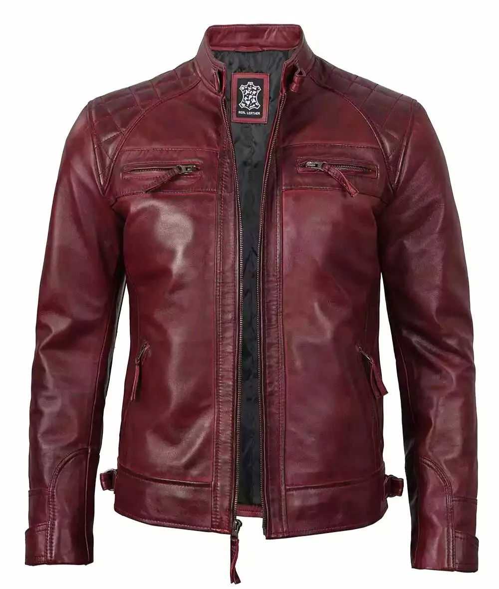 Maroon Leather Biker Jacket – Front View with Quilted Shoulders