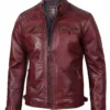 Maroon Leather Biker Jacket – Front View with Quilted Shoulders