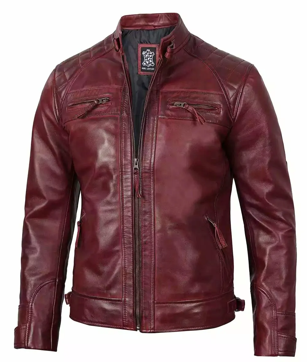 Maroon Leather Biker Jacket – Front View with Quilted Shoulders