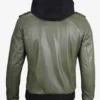 Olive Green Bomber Leather Jacket with Removable Hood