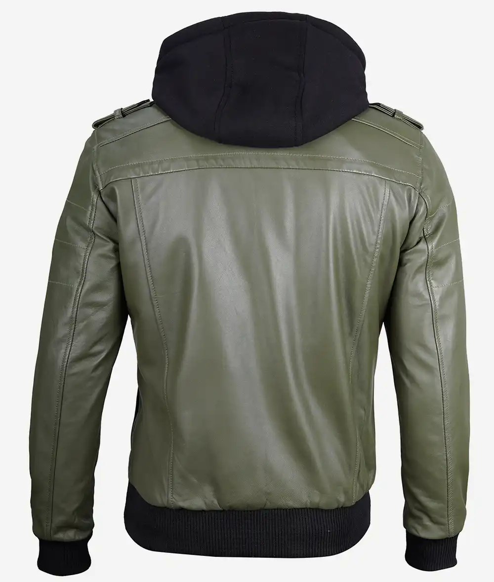 Olive Green Bomber Leather Jacket with Removable Hood