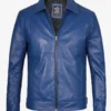 Classic Blue Leather Jacket – Front View with Shirt Collar and Zip Closure