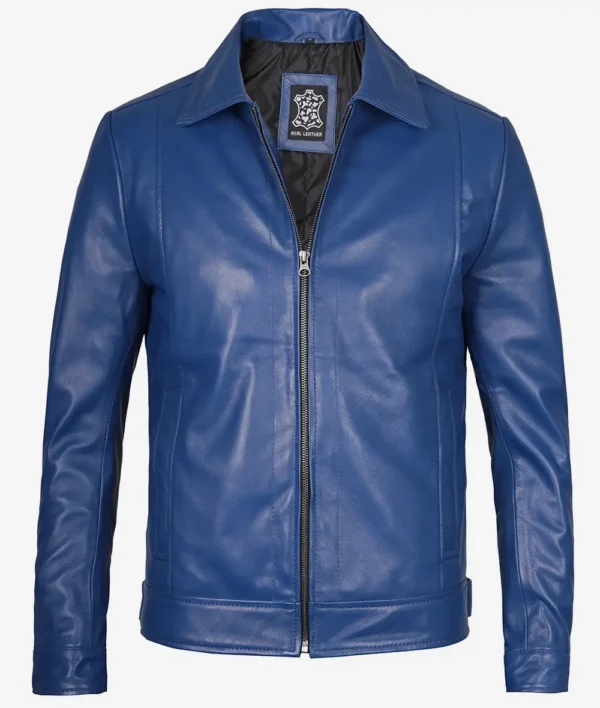 Classic Blue Leather Jacket – Front View with Shirt Collar and Zip Closure