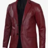 Maroon Leather Blazer – Front View with Notch Lapel