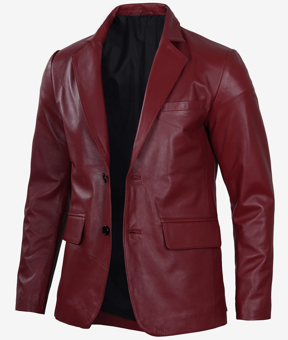 Maroon Leather Blazer – Front View with Notch Lapel