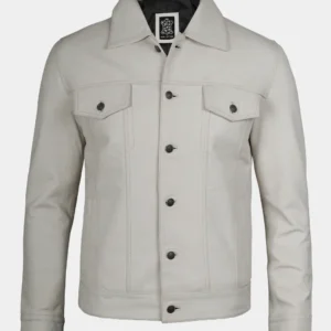 Off White Leather Trucker Jacket – Front View with Button Closure