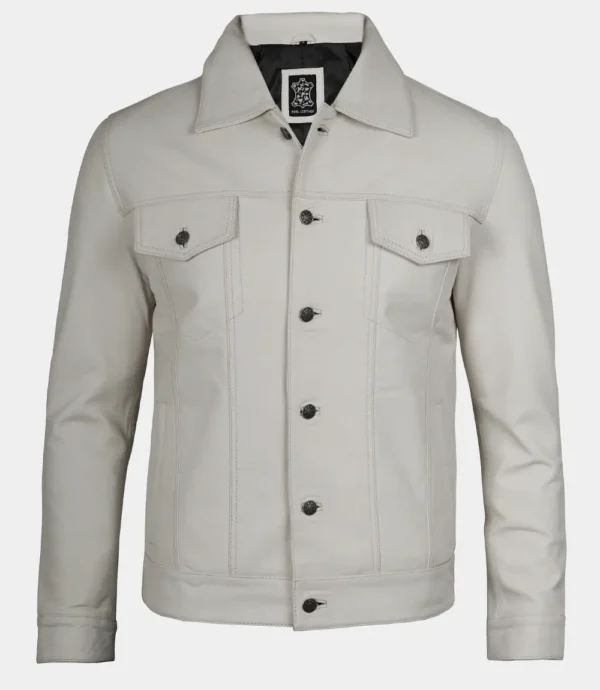 Off White Leather Trucker Jacket – Front View with Button Closure