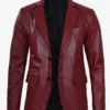 Maroon Leather Blazer – Front View with Notch Lapel