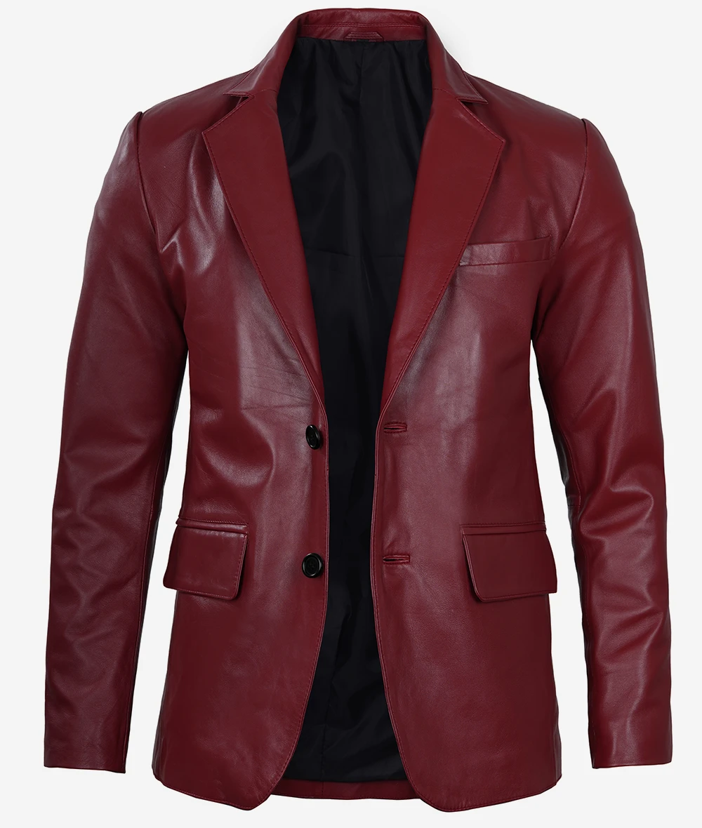 Maroon Leather Blazer – Front View with Notch Lapel