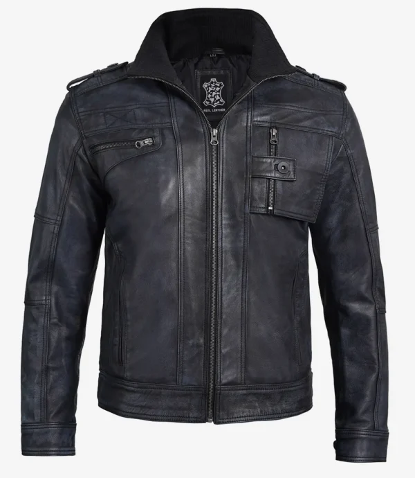 Black Leather Biker Jacket – Front View with Zipper Closure