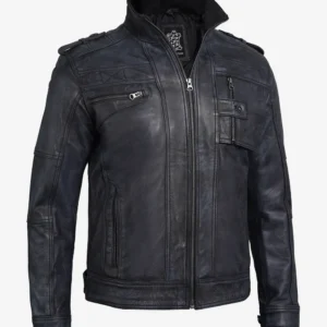 Black Leather Biker Jacket – Front View with Zipper Closure