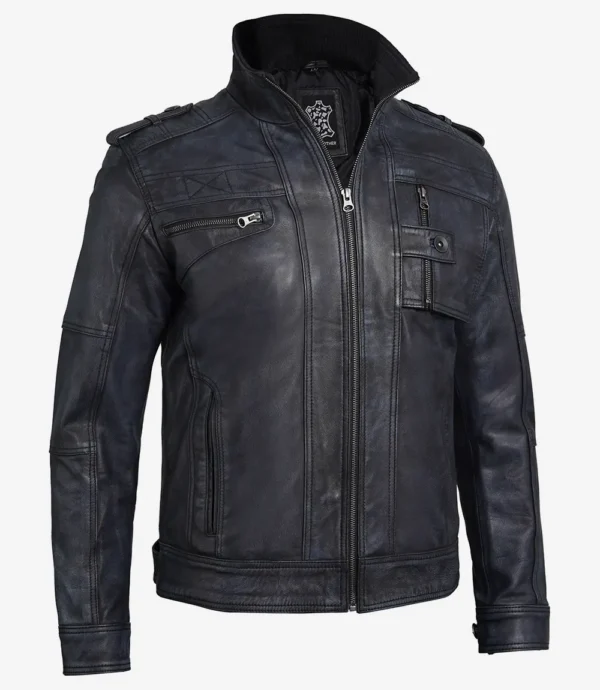 Black Leather Biker Jacket – Front View with Zipper Closure
