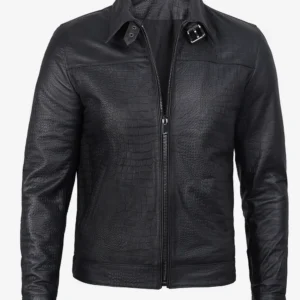 Luxe Noir Crocodile-Embossed Calfskin Jacket – Front View with Tailored Shirt Collar and Zip Closure