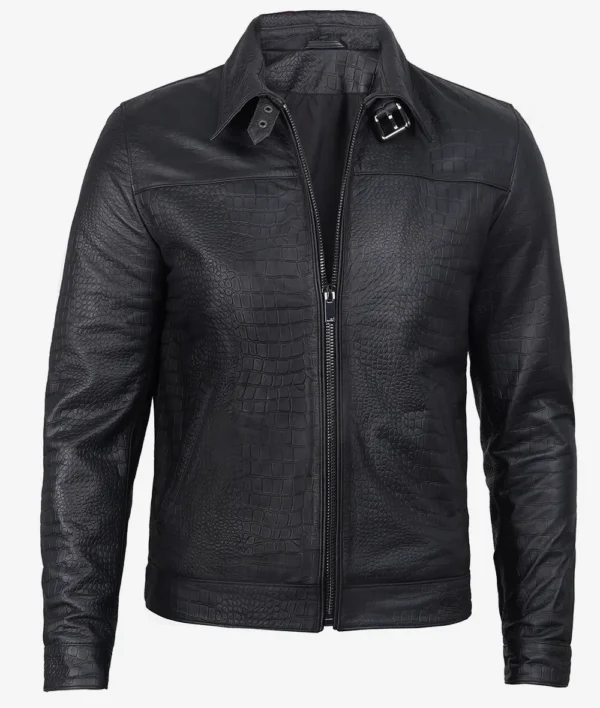 Luxe Noir Crocodile-Embossed Calfskin Jacket – Front View with Tailored Shirt Collar and Zip Closure