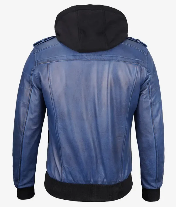 Blue Wax Leather Jacket with Removable Hood –