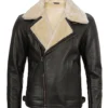 Real Lambskin Leather Jacket with Faux Shearling Collar