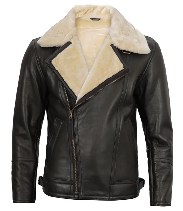 Real Lambskin Leather Jacket with Faux Shearling Collar
