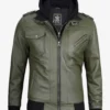 Olive Green Bomber Leather Jacket with Removable Hood – Front View with Zip Closure