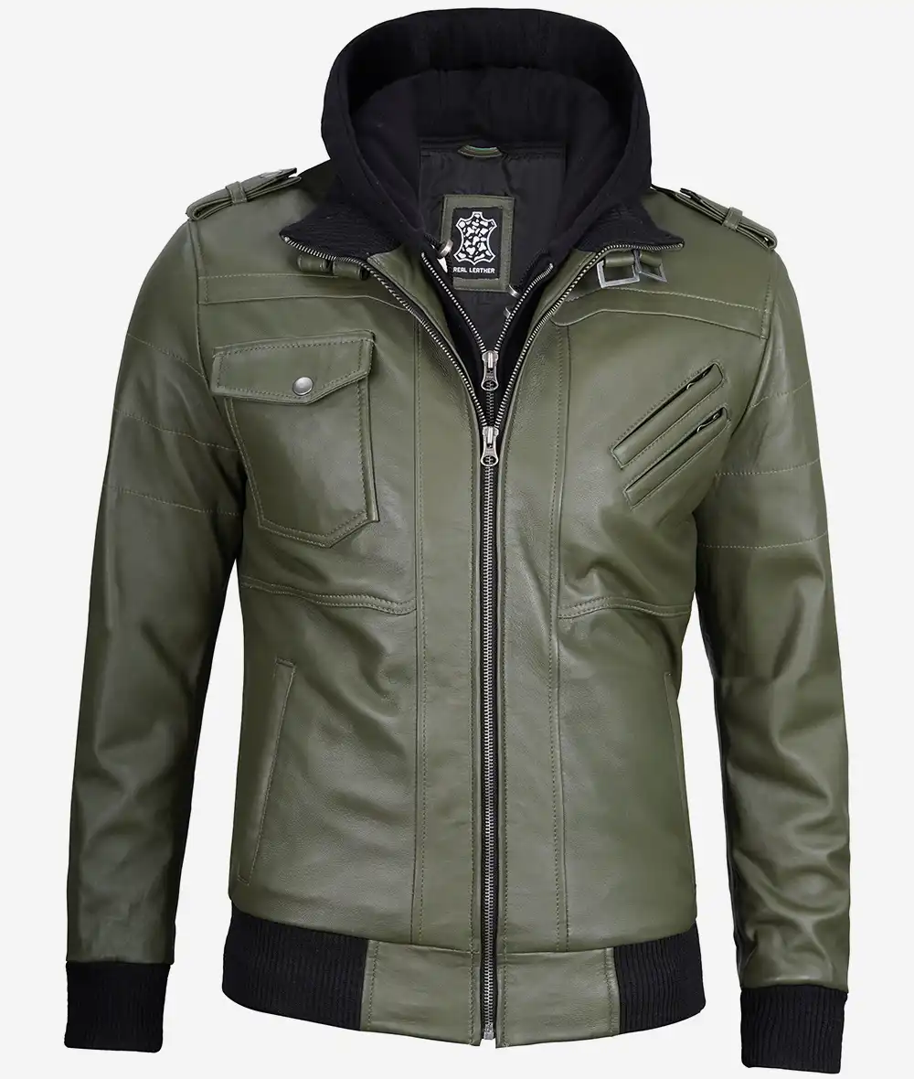 Olive Green Bomber Leather Jacket with Removable Hood – Front View with Zip Closure