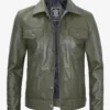 Olive Green Trucker Leather Jacket – Front View with Button Closure