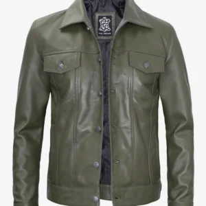 Olive Green Trucker Leather Jacket – Front View with Button Closure