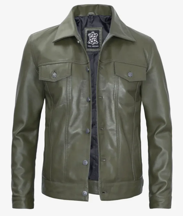 Olive Green Trucker Leather Jacket – Front View with Button Closure