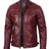 Maroon Leather Biker Jacket – Front View with Quilted Shoulders