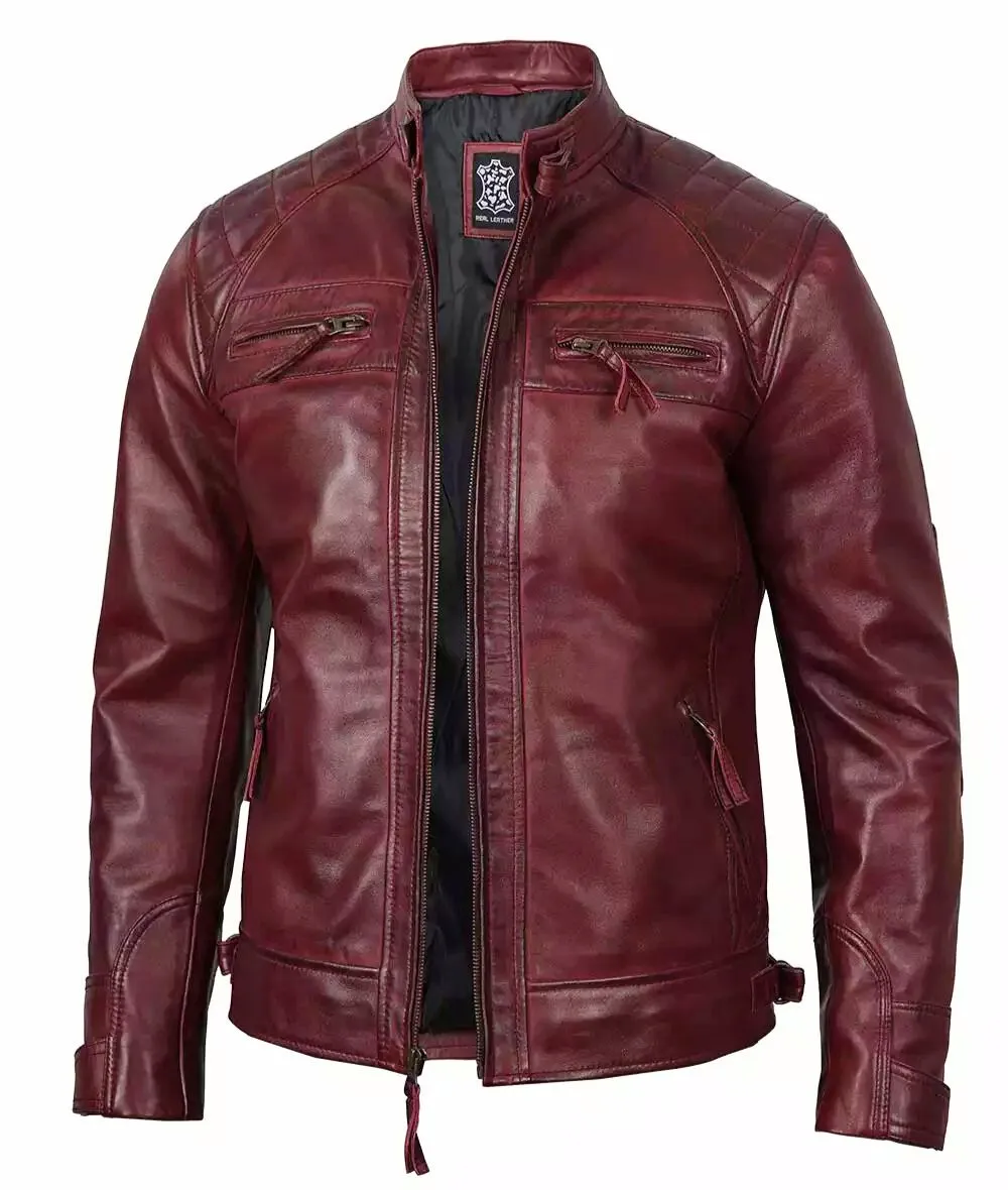 Maroon Leather Biker Jacket – Front View with Quilted Shoulders