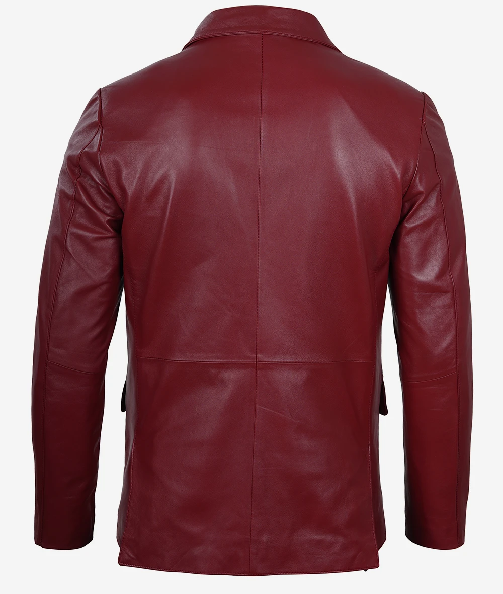 Maroon Leather Blazer – Front View with Notch Lapel