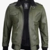 Olive Green Bomber Leather Jacket with Removable Hood – Front View with Zip Closure