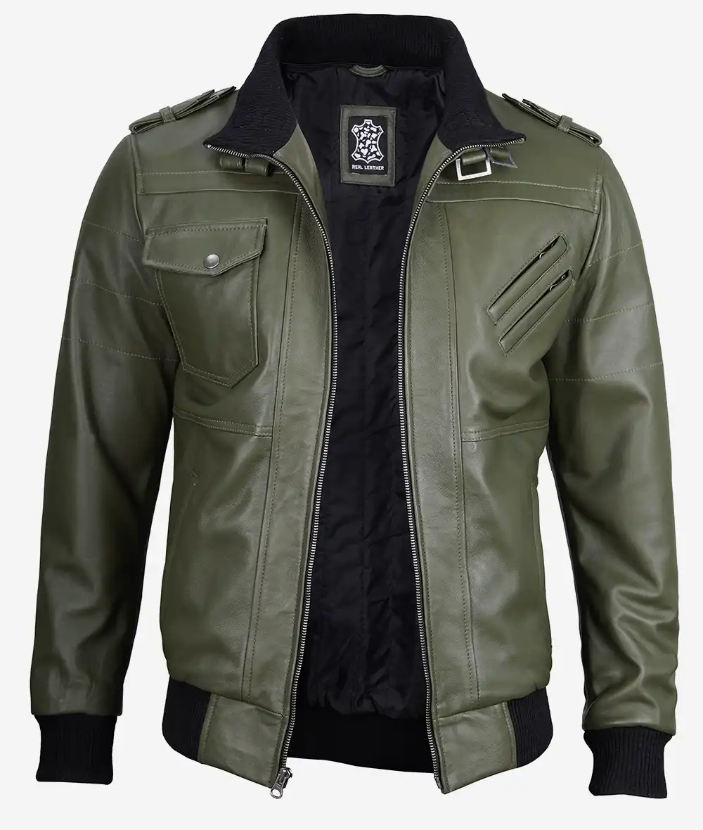 Olive Green Bomber Leather Jacket with Removable Hood – Front View with Zip Closure