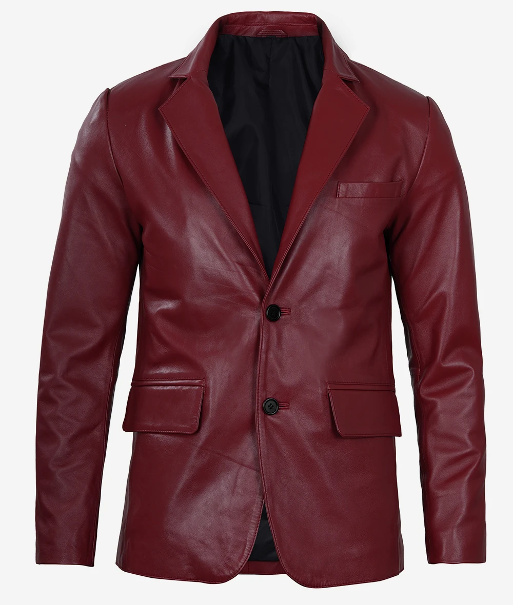 Maroon Leather Blazer – Front View with Notch Lapel