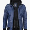 Blue Wax Leather Jacket with Removable Hood – Front View